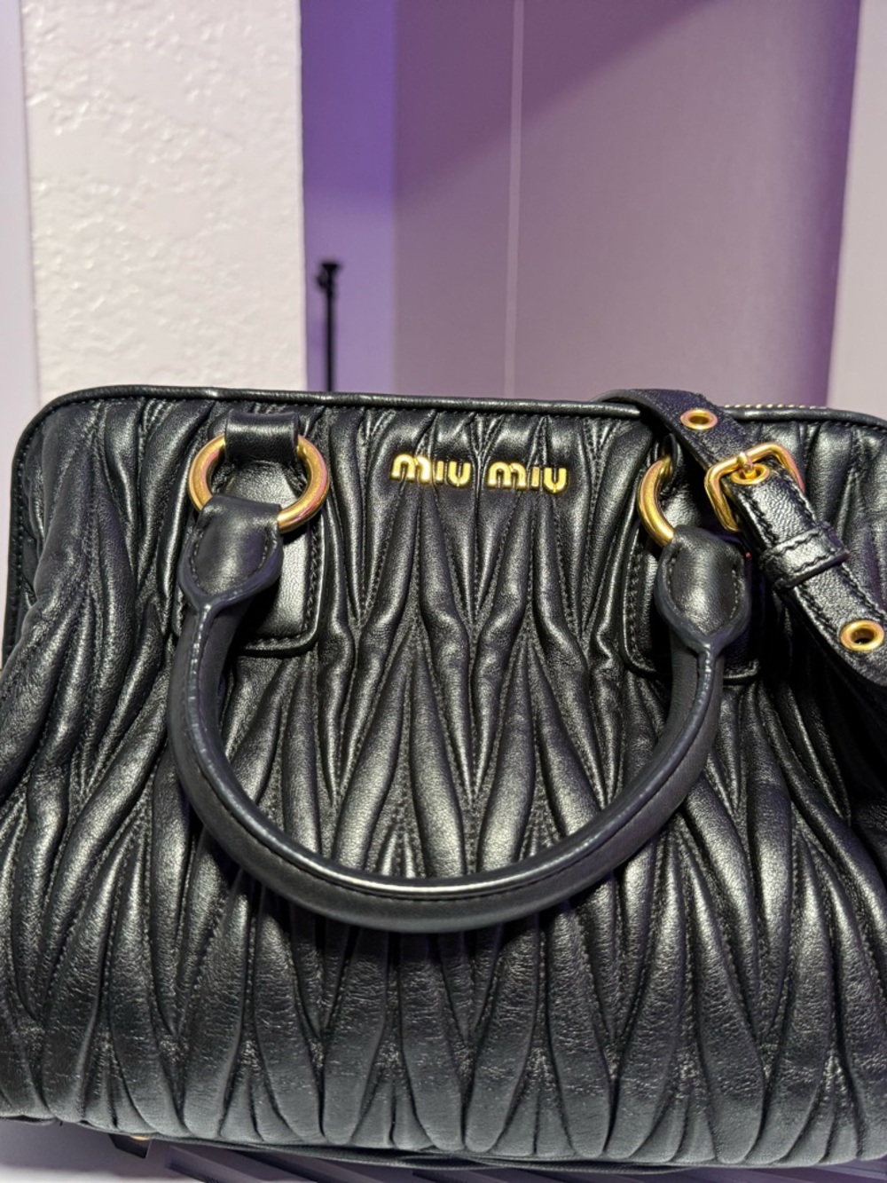 Miu Miu Black Matelassé Leather Satchel with Gold Hardware